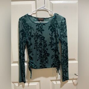 Shyanne Teal Velvet Floral Mesh Long Sleeve Ruched Top Boho Western